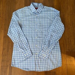 Hugo Boss men’s blue and white plaid button down shirt 16 34/35